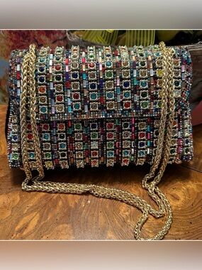 Embellished Multicolor Crystal Evening Clutch; New